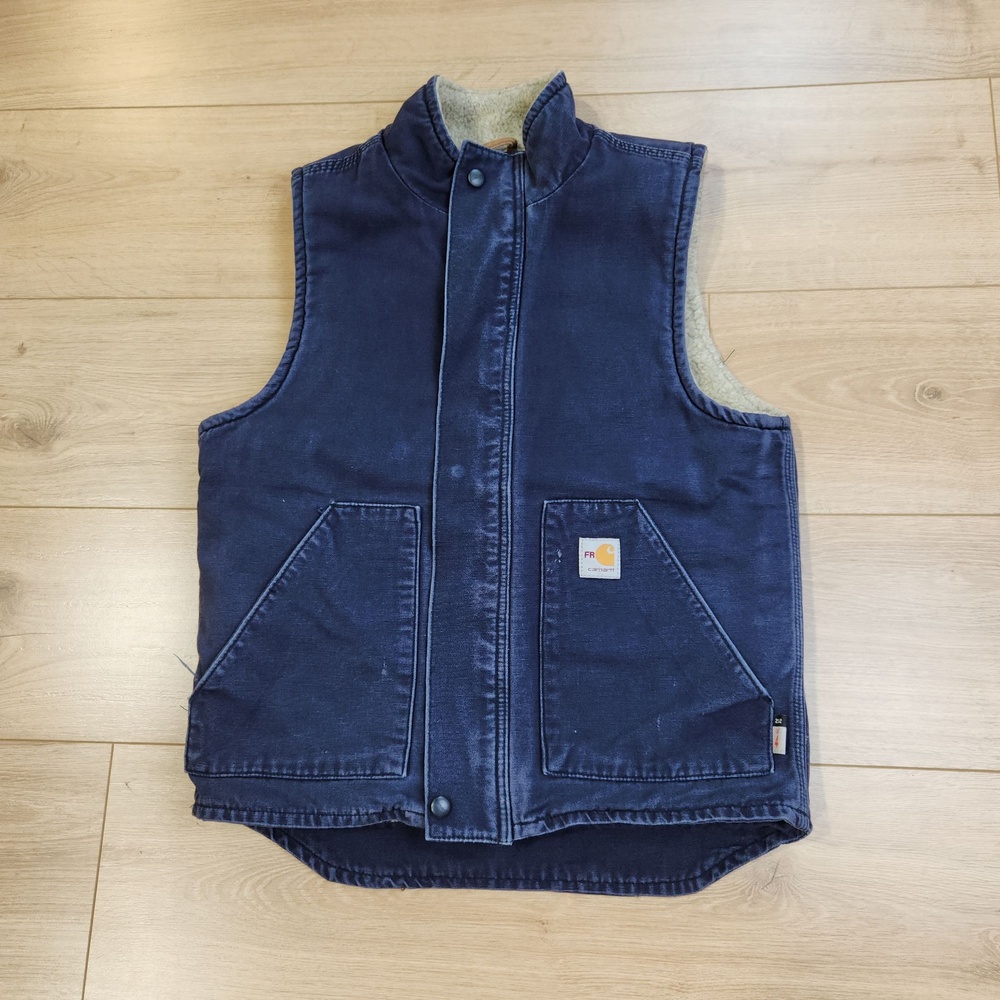 Carhartt FR Vest Mens Small Blue Canvas Wool Lined Insulated Workwear 101029-410